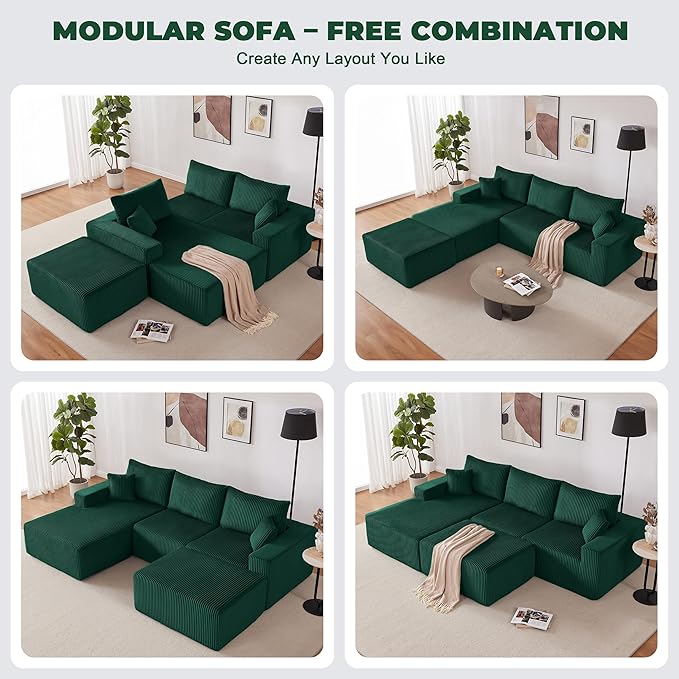 Weture 108” Modular Sectional Couches, Modern Modular U-Shape Sofa with Chaise, Cloud Sectional Couch with Deep Seat, Upholstered Boneless Sofa for Living Room (5 Seat, Green)