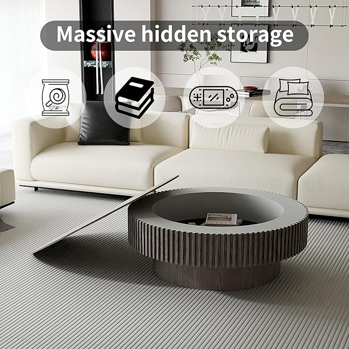 39.37'' Round Coffee Table with Storage, Solid Wood Veneered Modern Drum Coffee Table Accent Tea Table for Living Room, Bedroom, Apartment or Office-Gray