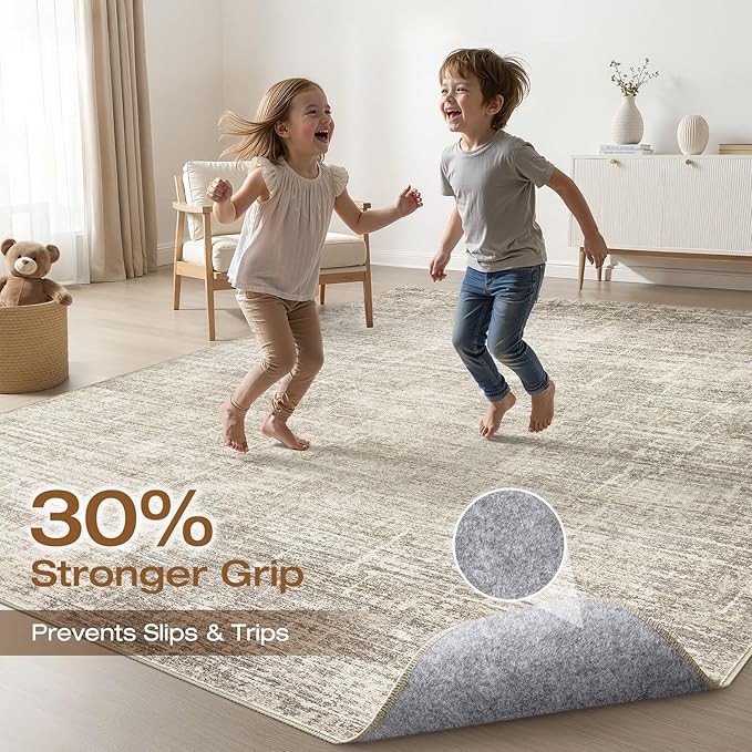 6x8 Area Rug Living Room: Washable Large Neutral Brown Rugs Abstract Soft Modern Stain Resistant Indoor Floor Non-Slip Carpet for Bedroom Nursery Kids Office Playroom Dining Room Under Table Home