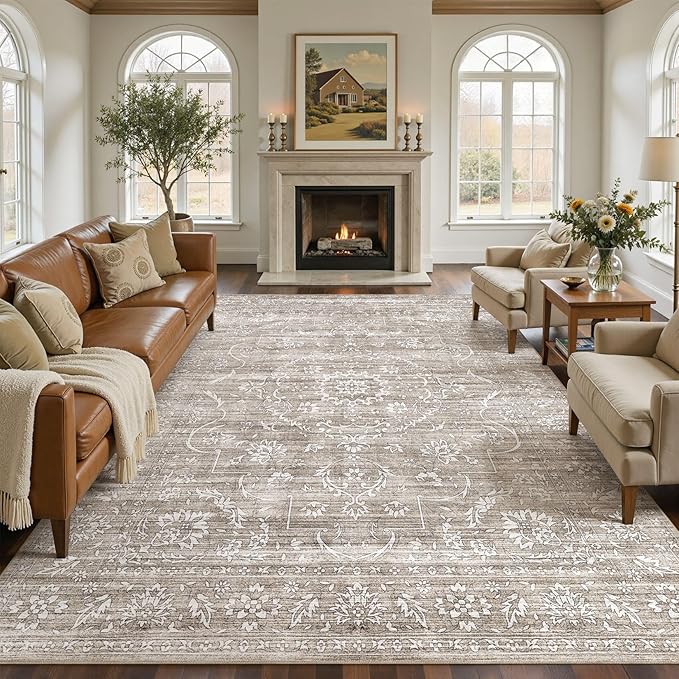 8x10 Area Rug Living Room: Washable Large Vintage Grey Rug Neutral Non-Slip Soft Stain Resistant Indoor Carpet for Bedroom Nursery Dining Room Under Table Bed Home House Office Playroom - Light Brown