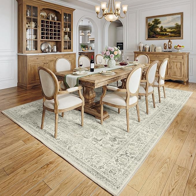 FMFUNCTEX 6x9 Washable Area Rug Green Neutral Distressed Oriental Vintage Large Non Slip Carpet for Living Room Bedroom Soft Low Pile Indoor Mat Retro Throw Rug for Dining Room Kitchen Office Nursery