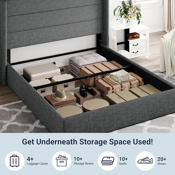 Allewie Queen Size Lift Up Storage Bed, Modern Wingback Headboard, Hydraulic Support, No Box Spring Needed, Dark Grey