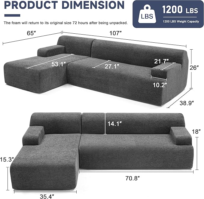 Weture 107" Modular Sectional Cloud Couch, Boneless couches Sponge sectionals for Living Room, High Density Sponges Sofa, Modular L-Shape with Chaise, Darkgrey