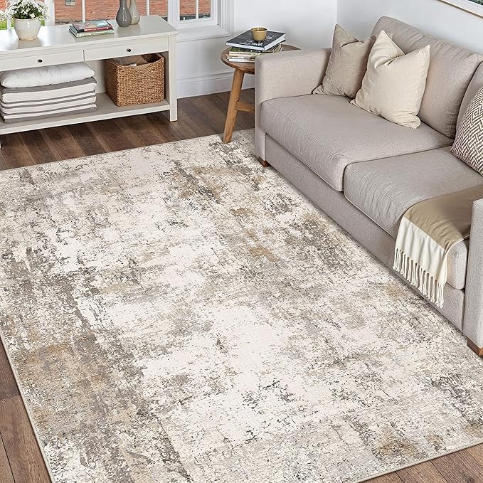 4x6 Washable Area Rug Brown Grey Abstract Non Slip Soft Low Pile Rug for Entryway Kitchen Bathroom Neutral Modern Throw Carpet for Living Room Bedroom Home Decor