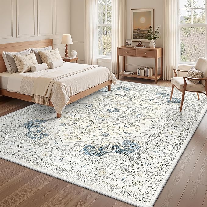 befbee Washable Area Rug 6x9, Area Rugs Stain Resistant Neutral Washable Rugs for Living Rooms Bedroom Vintage Non-Slip Thin Large Size Area Rug（6x9,BeigeBlue）