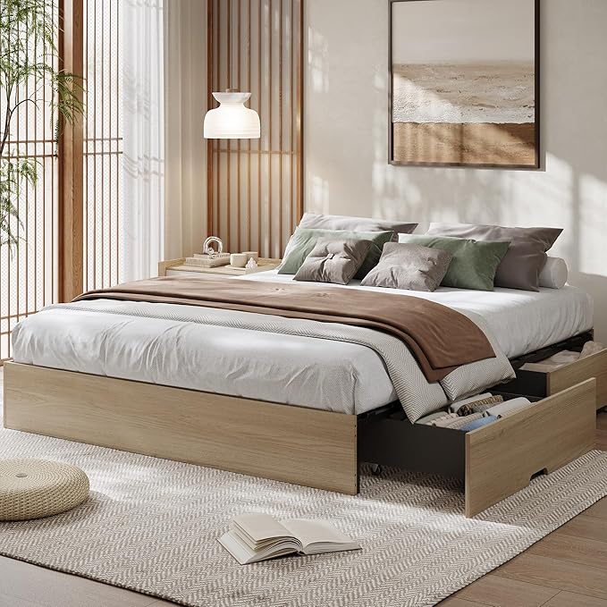 GarveeHome King Size Wood Platform Bed Frame with 2 Storage Drawers, Wooden Bed Frame Without Headboard, Wood Slat Support, No Box Spring Needed, Easy Assembly