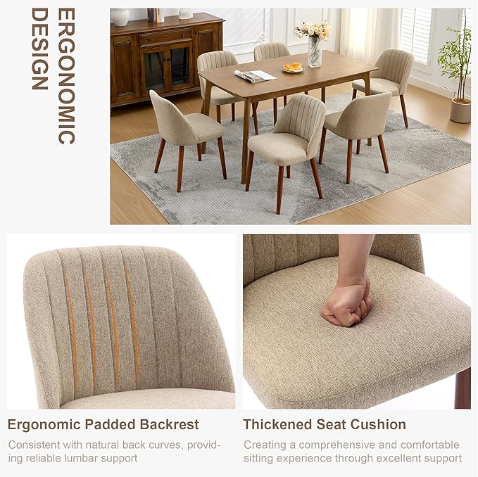 GarveeHome Wooden Dining Chairs Set of 8, Upholstered Kitchen Dining Room Chairs with Padded Seat and Wood Legs, Modern Fabric Side Dinner Chair for Kitchen, Dining Room, Restaurant, Cafe, Camel