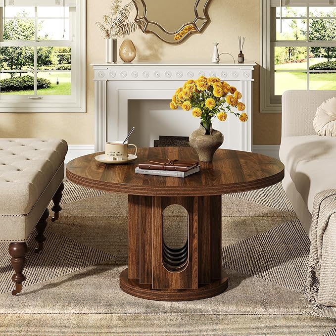 knoworld 31.5" Round Coffee Table, Small Wooden Circle Center Table Hole Panel Splice Design Coffee Tables for Living Room, Thickened Edge MDF Board, Walnut