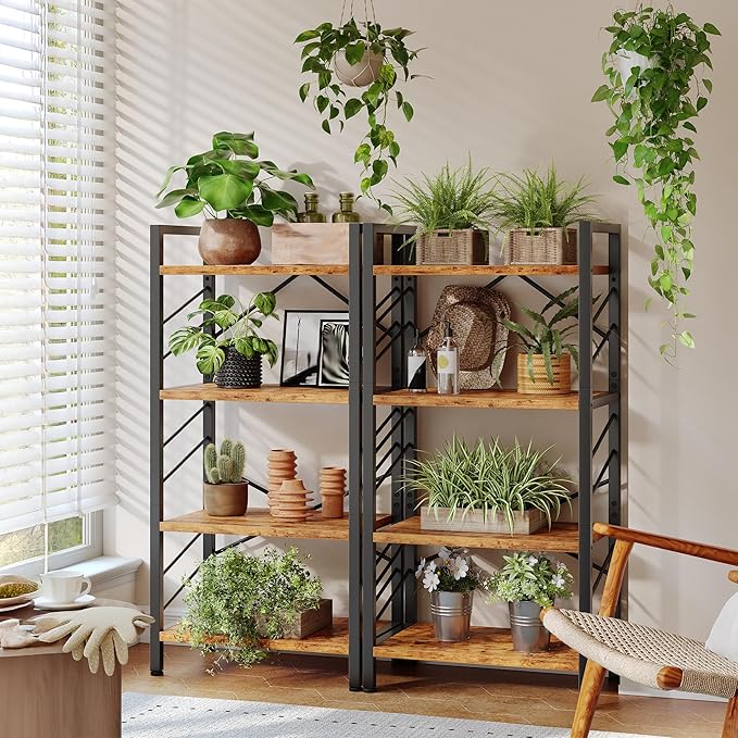 DurayLoly 4 Tier Bookshelf, Industrial Bookcase with Metal Frame and Sidebars, Small Bookshelf for Bedroom, Home Office and Living Room, Rustic Brown