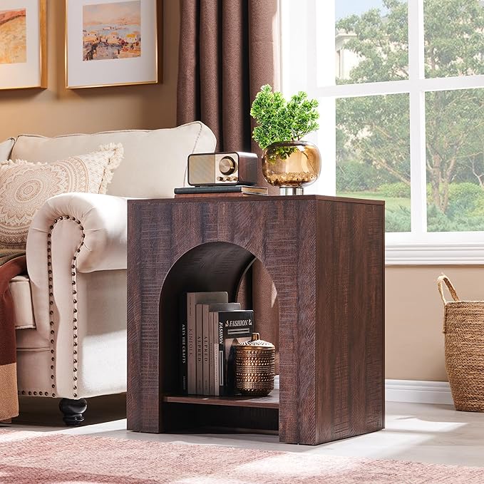 Arched End Table Set of 2 with Type-C Charging Station, 22" Modern Bedroom NightStand with Arched Shelf, Side Table with Outlet, USB, Type-C Port for Bedroom, Brown