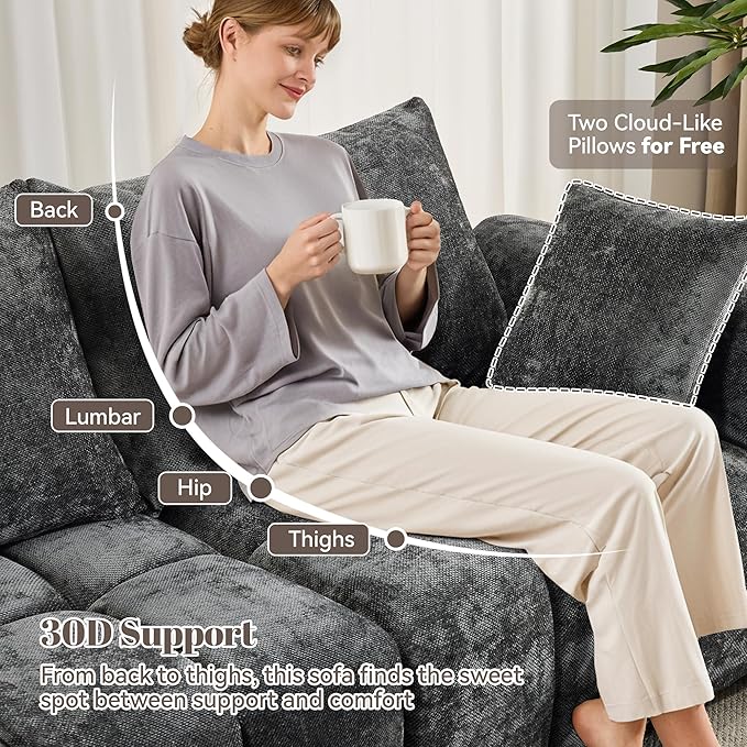 143" Oversized U Shaped Couch, Large Chenille Cloud Couch with Two Movable Ottomans, Memory Foam and Solid Wood Legs, Mid Century Modern Modular Sectional Couches for Living Room, Tufted Sofa, Grey