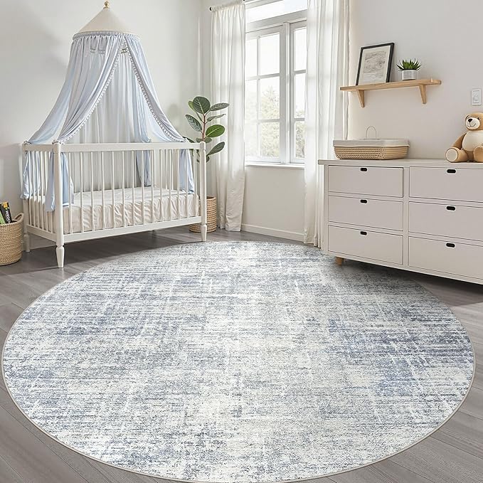6ft Round Rug Living Room: 6x6 Washable Large Neutral Blue Circle Area Rug Abstract Soft Modern Stain Resistant Indoor Floor Non-Slip Carpet for Bedroom Nursery Kids Office Playroom Dining Room
