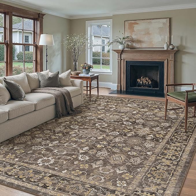 9x12 Brown Washable Vintage Area Rug for Living Room Soft Floral Non Slip Large Rug Modern Low Pile Stain Resistance Indoor Carpet Bedroom Office Playroom Office Classroom