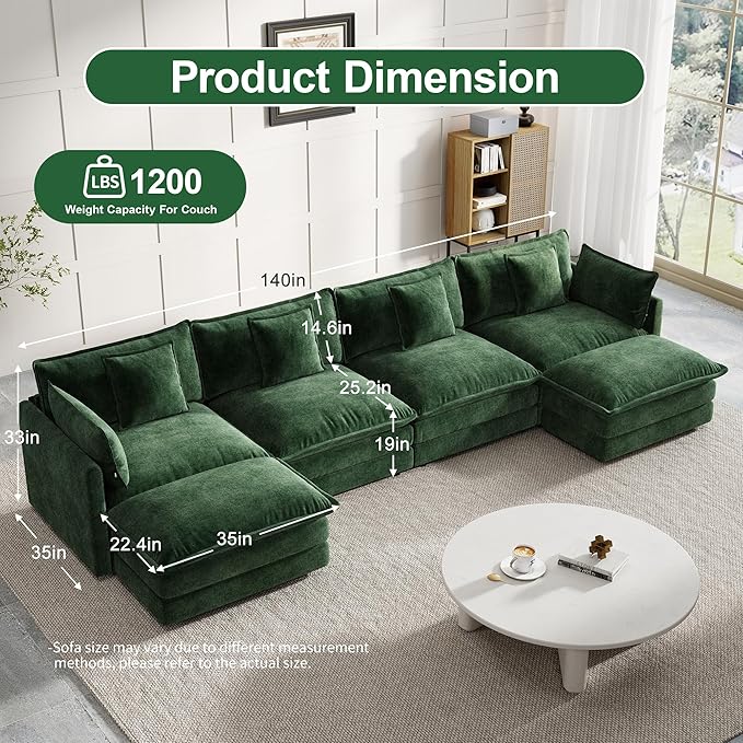 Modular Sectional Sofa, 146.5 Inch U-Shaped Cloud Sofa with Deep Seat Chenille Sofa with Cushions, Four Seater Sectional Sofa for Living Room Apartment,Evergreen
