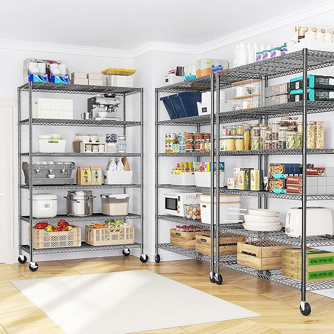 Romorgniz 82" H X45 W X18 D Storage Shelves with Wheels, 6 Tier Wire Shelving Adjustable Metal Shelving Pantry Shelves Capacity 2100LBS for Garage Shelving, Pantry, Kitchen, Closet,Black,3P