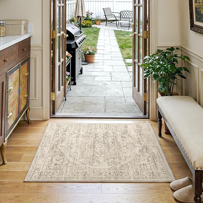 FMFUNCTEX Entryway Rug 2x3 Washable Brown Vintage Distressed Oriental Door Mat Non Slip Low Pile Indoor Carpet Soft Retro Small Throw Area Rugs for Entry Way Entrance Bedroom Kitchen Bathroom Laundry