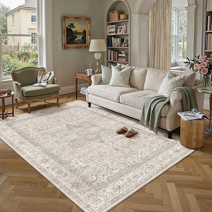 4x6 Washable Vintage Area Rug Beige Oriental Soft Entryway Throw Rug Neutral Non Slip Low Pile Small Carpet for Kitchen Bathroom Living Room Bedroom