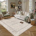 6x9 Washable Vintage Area Rug Beige Oriental Living Room Bedroom Throw Rug Neutral Non Slip Soft Low Pile Carpet for Dining Room Office Nursery Indoor
