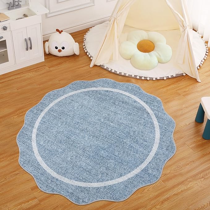 GarveeHome Scalloped Round Washable Rug, Soft Modern Round Rugs 5ft Circle Carpets for Bedroom Ultra-Thin, Boho Blue Print Distressed Circular Carpet for Living Room Dorm Bedside, Blue