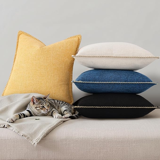 decorUhome Summer Decorative Throw Pillow Covers 12x20 Set of 2 Lumbar Faux Linen Outdoor Neutral Farmhouse Pillow Covers with Stitched Edge for Couch Sofa Living Room, Dark Blue