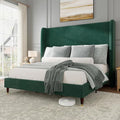Jocisland King Size Bed Frame 51.2" Wingback Headboard Velvet Upholstered Platform Bed with Solid Wood Legs & Wooden Slats, No Box Spring Needed, Modern Minimalist Style, Easy Assembly, Dark Green