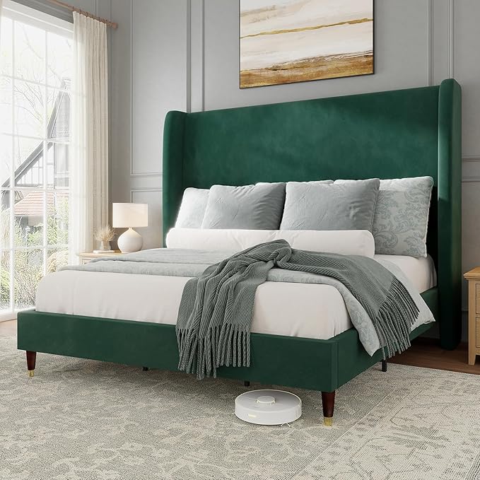Jocisland King Size Bed Frame 51.2" Wingback Headboard Velvet Upholstered Platform Bed with Solid Wood Legs & Wooden Slats, No Box Spring Needed, Modern Minimalist Style, Easy Assembly, Dark Green