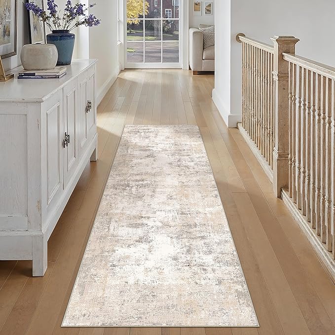 2x8 Washable Runner Rug Beige Grey Abstract Non Slip Soft Low Pile Hallway Kitchen Rug Neutral Modern Carpet for Laundry Bathroom Bedroom Living Room Home Decor