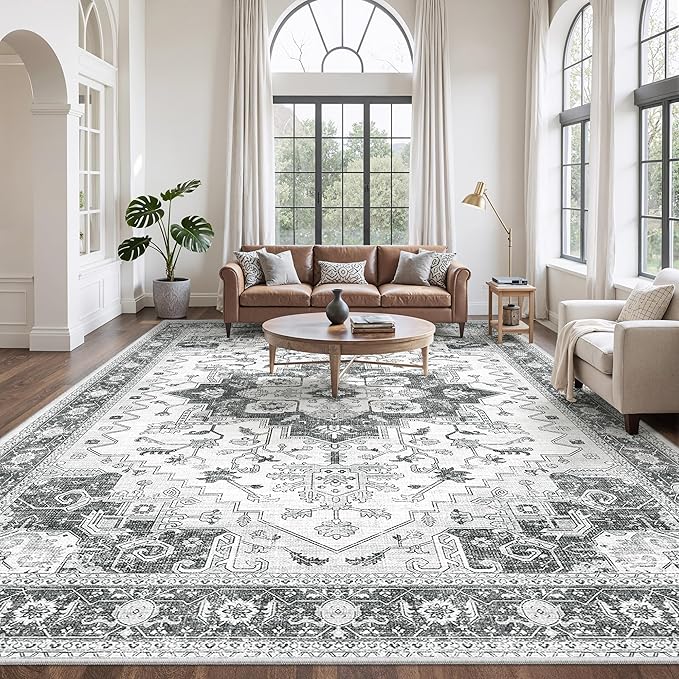 Living Room 10x14 Area Rugs, Washable Area Rug Stain Resistant Carpet Vintage Soft Rugs for Bedroom with Non Slip Backing Indoor Home Decor (10'x 14',Grey)