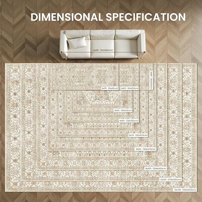 befbee Washable Area Rug 5x7, Area Rugs Stain Resistant Neutral Washable Rugs for Living Room Bedroom Vintage Non-Slip Thin Large Size Area Rug（Gold）