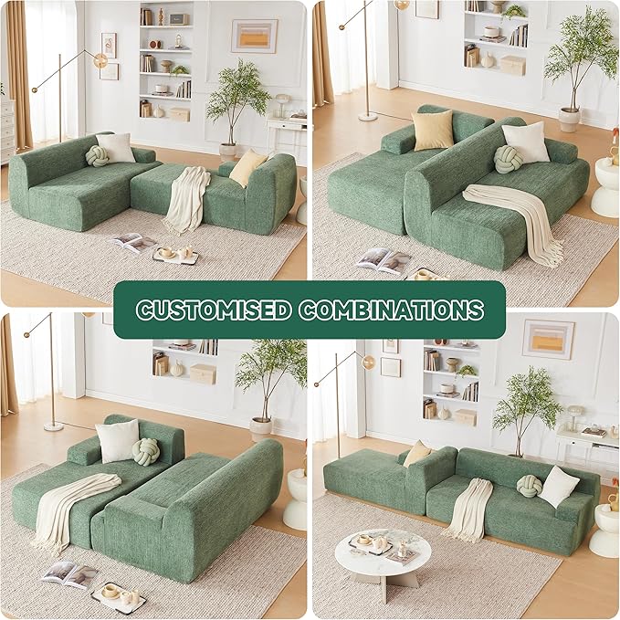 Weture 107" Modular Sectional Cloud Couch, Boneless couches Sponge sectionals for Living Room, High Density Sponges Sofa, Modular L-Shape with Chaise, Green