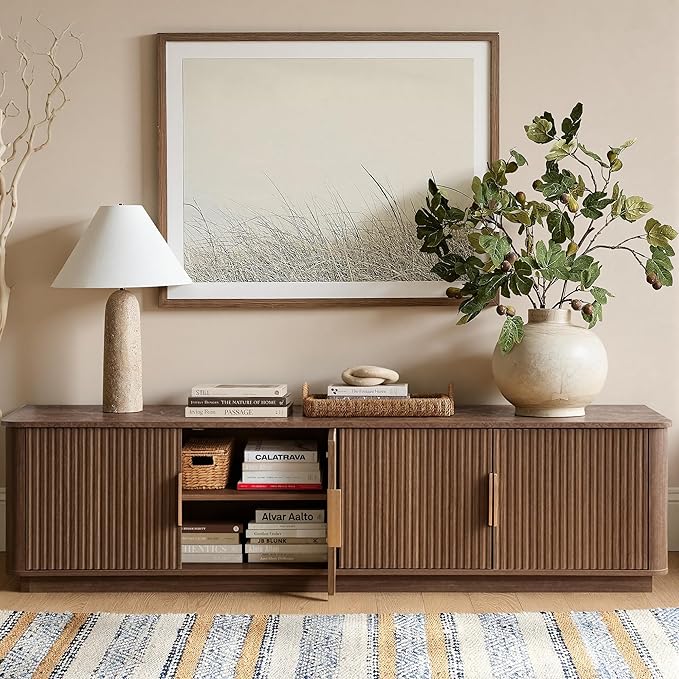 win2win 71" TV Stand for 80 Inch TV, Mid Century Modern Fluted Entertainment Center with Faux Marble Top, Curved Corners, Minimalist Media Console with Storage for Living Room Bedroom, Walnut