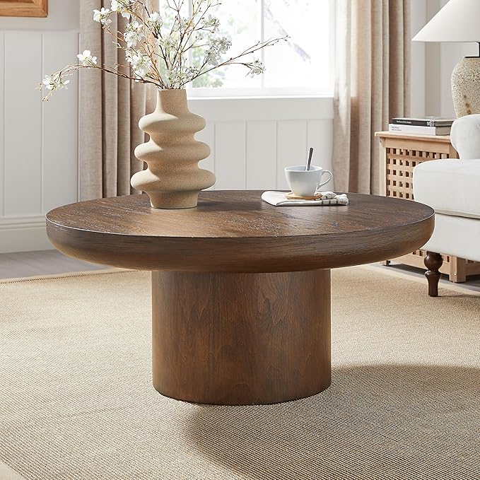 WILLIAMSPACE 35.98" Round Coffee Table with Cylindrical Base, Modern Wood Drum Center Table, Accent Side End Table for Living Room Apartment, φ35.98"*15.98"H (Dark Brown)