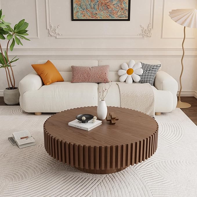 39.4" Walnut Round Coffee Table Wood, Modern Drum Fluted Coffee Table for Living Room, Contemporary Low Circle Center Table Side Table for Apartment, Farmhouse, Office, mesa de Cafe