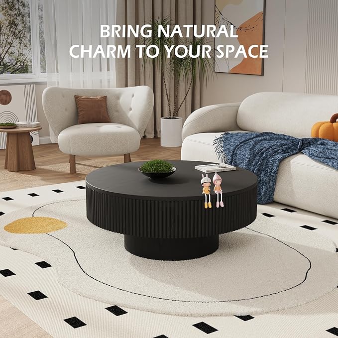 YOUDENOVA 31.5” Round Fluted Coffee Table, Modern Wood Circle Coffee Table, Veneer Handcrafted Relief Tea Table with Sturdy Pedestal for Living Room，Easy Assembly - Black