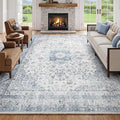 FMFUNCTEX 8x10 Blue Washable Area Rug Vintage Distressed Oriental Non Slip Low Pile Neutral Indoor Carpet for Living Room Bedroom Soft Retro Floral Thin Large Rug for Dining Nursery Office Dorm