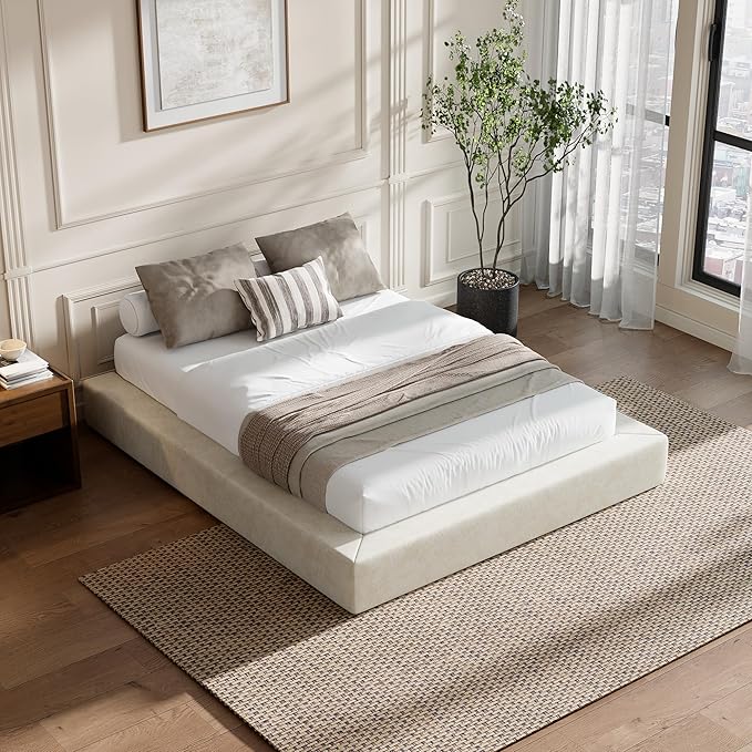 RECCI AirFrame Full Size Bed Frame, Cloud Upholstered Platform Bed Frame, 5 Inch Fully Boxy Foam Cushioned, Square Shape Base, No Box Spring Needed, Easy Assembly | Beige Chenille, Soft Low-Profile