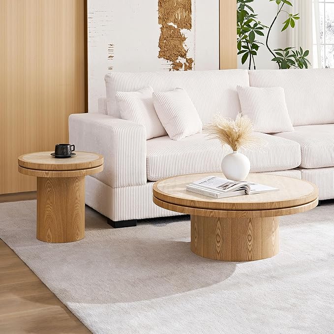 35.43" Farmhouse Round Coffee Table with Sintered Stone Tabletop, Sturdy Wood MDF Pedestal Coffee Tables for Living Room, Modern Circle Center Tea Table for Apartment, Office Bedroom Natural