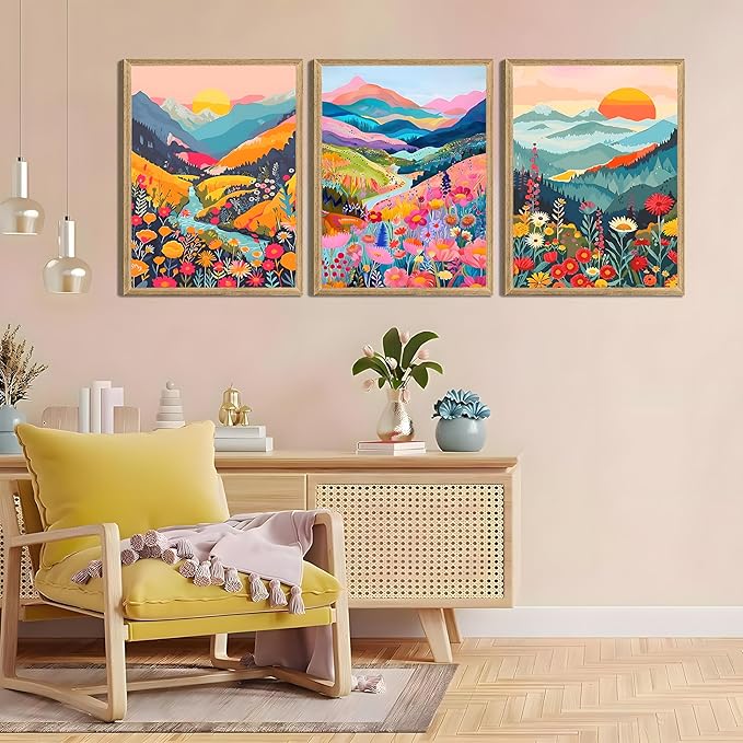Yudinbin Colorful Mountain Poster Wall Art Set of 3 Boho Watercolor Flower Picture Wall Decor Abstract Nature Landscape Artwork Paintings Print for Living Room Bedroom Office 16x12In Unframed