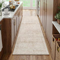 FMFUNCTEX 3x8 Hallway Runner Rug Beige Vintage Neutral Washable Distressed Non Slip Low Pile Indoor Carpet Soft Retro Entryway Rug for Kitchen Bathroom Laundry Entrance Living Room Bedroom Bedside