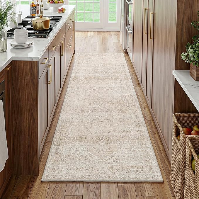 FMFUNCTEX 3x8 Hallway Runner Rug Beige Vintage Neutral Washable Distressed Non Slip Low Pile Indoor Carpet Soft Retro Entryway Rug for Kitchen Bathroom Laundry Entrance Living Room Bedroom Bedside