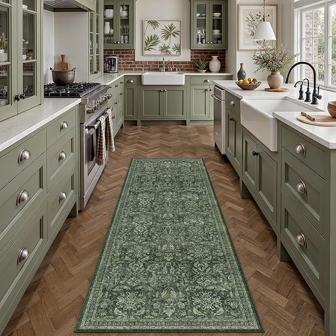 PureCozy Dark Green 2x6 Runner Rug Non Slip Washable Hallway Kitchen Vintage Carpet Indoor Small Low Plie Thin Bedroom Bathroom Rug Retro Accent Throw Dining Living Room
