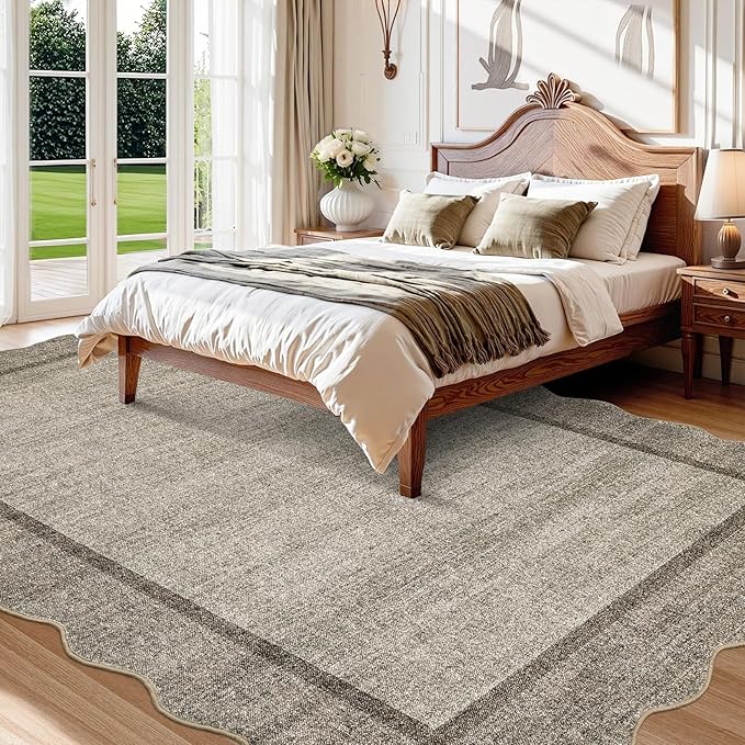 GarveeHome Scalloped Washable Rugs 10x13 Rug for Living Room Modern Bedroom Rug Brown Large Area Rug Non Slip Throw Rugs Soft Low Pile Stain Resistant Carpet for Dorm Dining Room 10'x13' Brown