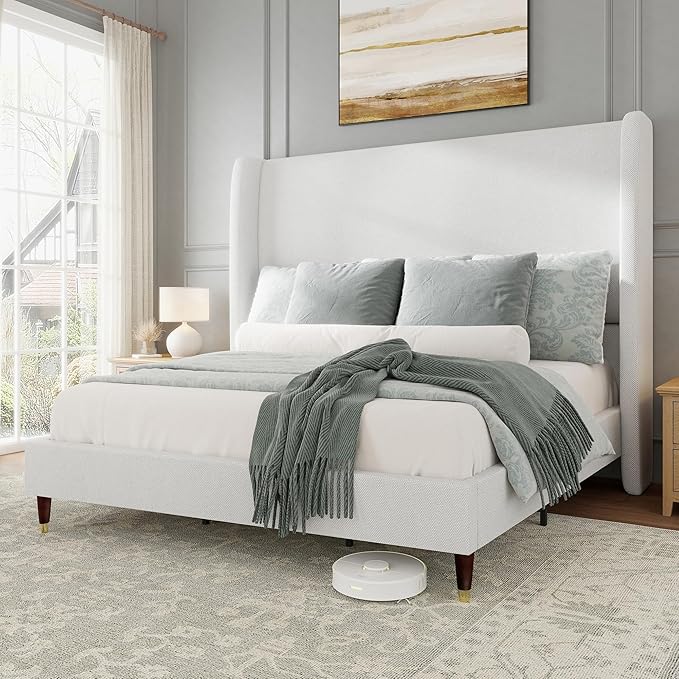 Jocisland King Size Bed Frame 51.2" Wingback Headboard Linen Upholstered Platform Bed with Solid Wood Legs & Wooden Slats, No Box Spring Needed, Modern Minimalist Style, Easy Assembly, White