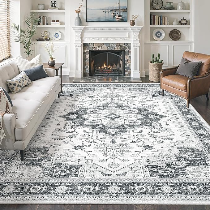 befbee Washable Area Rug 8x10, Area Rugs Stain Resistant Neutral Washable Rugs for Living Rooms Bedroom Vintage Non-Slip Thin Large Size Area Rug（Grey）