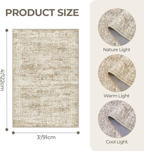 3x4 Washable Area Rug for Entryway, Soft Kitchen Rugs Non Slip for Dining Room, Vintage Abstract Living Room Rug, Thin Area Rugs Indoor for Bedroom, Kids Room Decor(3'x4', Brown/Ivory)