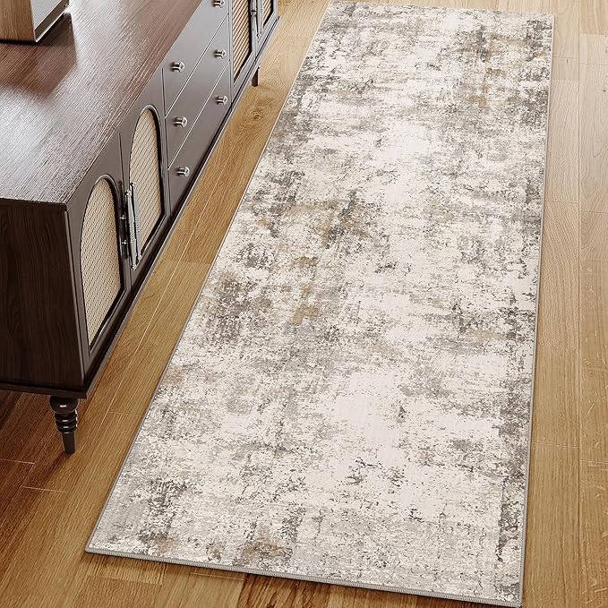 2x6 Washable Runner Rug Brown Grey Abstract Non Slip Soft Low Pile Hallway Kitchen Rug Neutral Modern Carpet for Laundry Bathroom Bedroom Living Room Home Decor