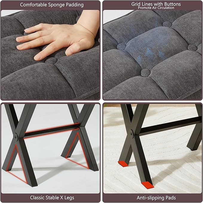 Royal Windsor Vanity Stool,Square Ottoman Stool Foot Rest,Upholstered Vanity Chair Foot Stool with Metal X Legs, Small Vanity seat for Entryway,Bedroom and Living Room,Linen Dark Grey
