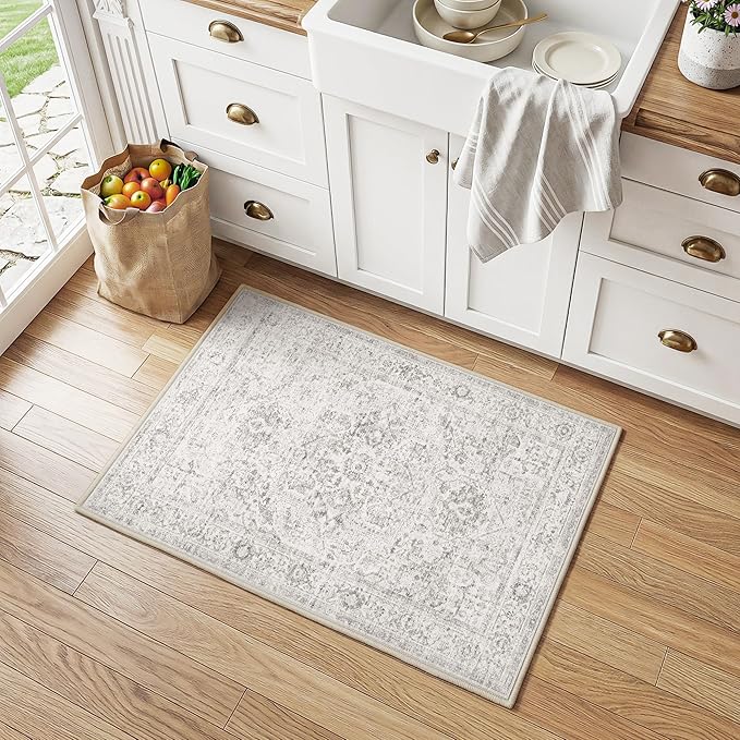 FMFUNCTEX Entryway Rug 2x3 Washable Grey Vintage Distressed Oriental Door Mat Non Slip Low Pile Indoor Carpet Soft Small Gray Throw Area Rugs for Entry Way Entrance Bedroom Kitchen Bathroom Laundry