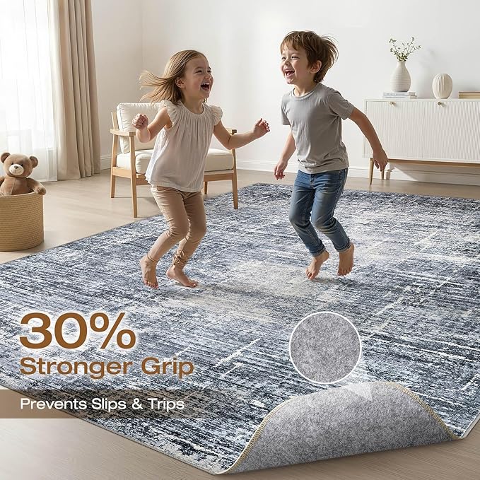 9x12 Area Rug Living Room: Washable Large Neutral Navy Rug Abstract Soft Modern Stain Resistant Indoor Floor Non-Slip Carpet for Bedroom Nursery Kids Office Playroom Dining Room Under Table Home