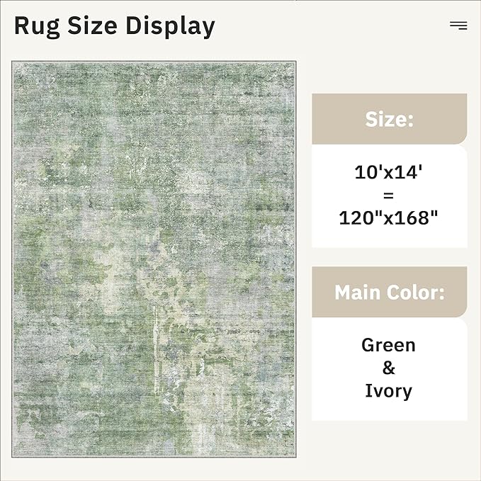 Soalmost 10x14 Area Rugs for Living Room, Non Slip Machine Washable Vintage Rugs, Low Pile Lightweight Large Rug for Bedroom, Dining Room, Home Office Green/Ivory